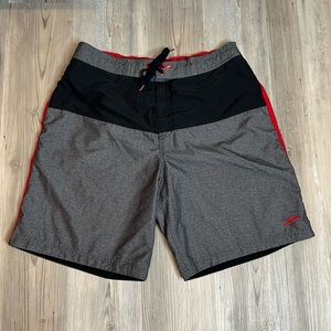 GUC Mens Speedo Blk/Gray/Red Swim Trunks, Large